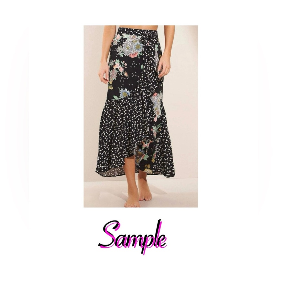 Sharon Max Vintage Black Floral & Polka Dot Ruffle Midi Skirt S